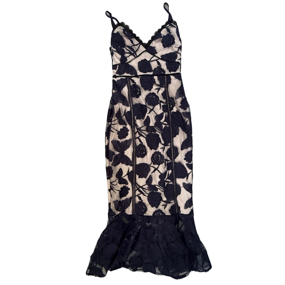 Lulus Navy Floral Lace Midi Dress - Size L (Machine Altered to a Small)